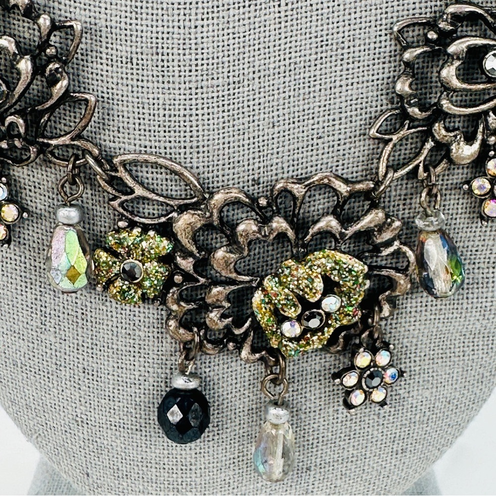 Chico's Signed Romantic Necklace Antiqued Silver AB Dangle Faceted Beads 15 -25” - Picture 1 of 10